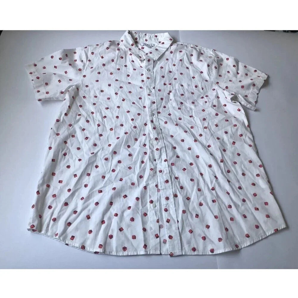 The Rail Men’s Short Sleeve Shirt White w/ Red Dice 100% Cotton Button Front XXL